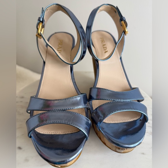 Prada Blue Metallic Leather Platform Wedge Sandal Size 7 or 37 EU - Picture 15 of 17